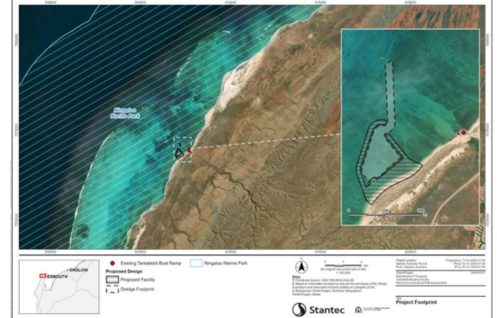 Concept image of the proposed Tantabiddi Boating Facility near Exmouth, showing breakwaters, jetties, boat ramps, and marine infrastructure along the Gascoyne coastline.