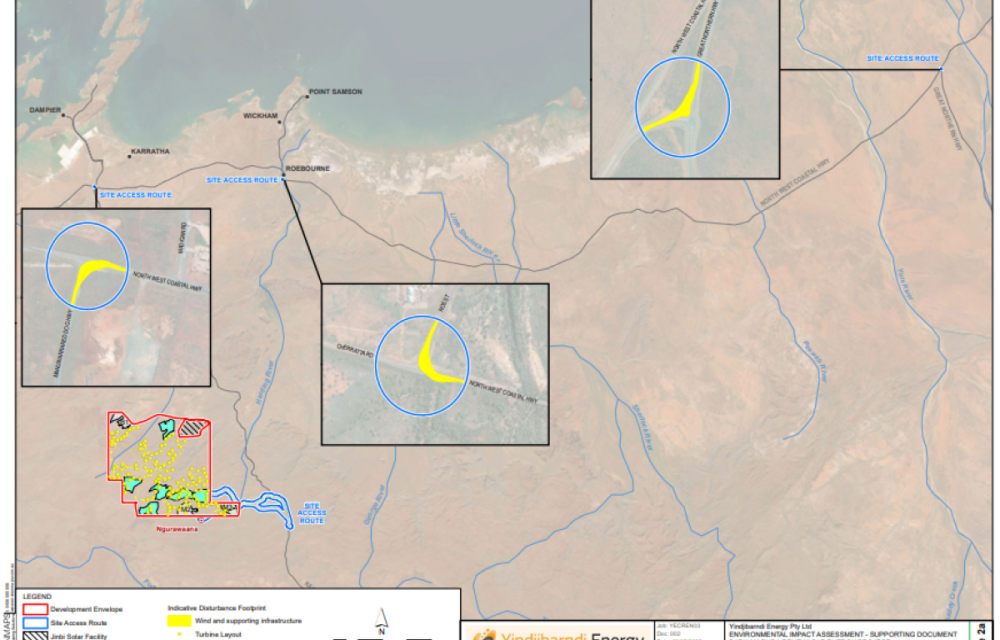 Aerial concept image showing wind turbines and solar panels across the Pilbara landscape, part of the Baru-Marnda hybrid renewable energy development.