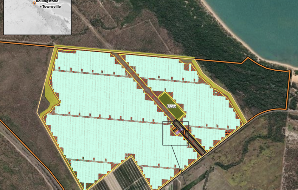Site layout of the proposed Sunshine State Solar Farm and Battery Energy Storage System (BESS) in Rollingstone, Queensland, showing solar array blocks and infrastructure zones.
