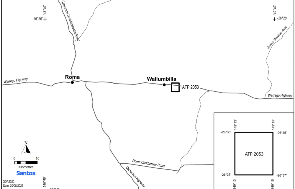 Map showing the location of ATP 2053, the proposed site for Santos’ Roma Phase 7-7B-SD20 Development, situated east of Wallumbilla and near Roma in central-eastern Queensland.
