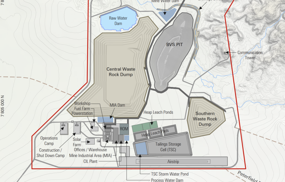 Aerial footprint and process layout of the Big Vein South gold mine project, showing pits, waste rock dumps, processing plant, and tailings storage.