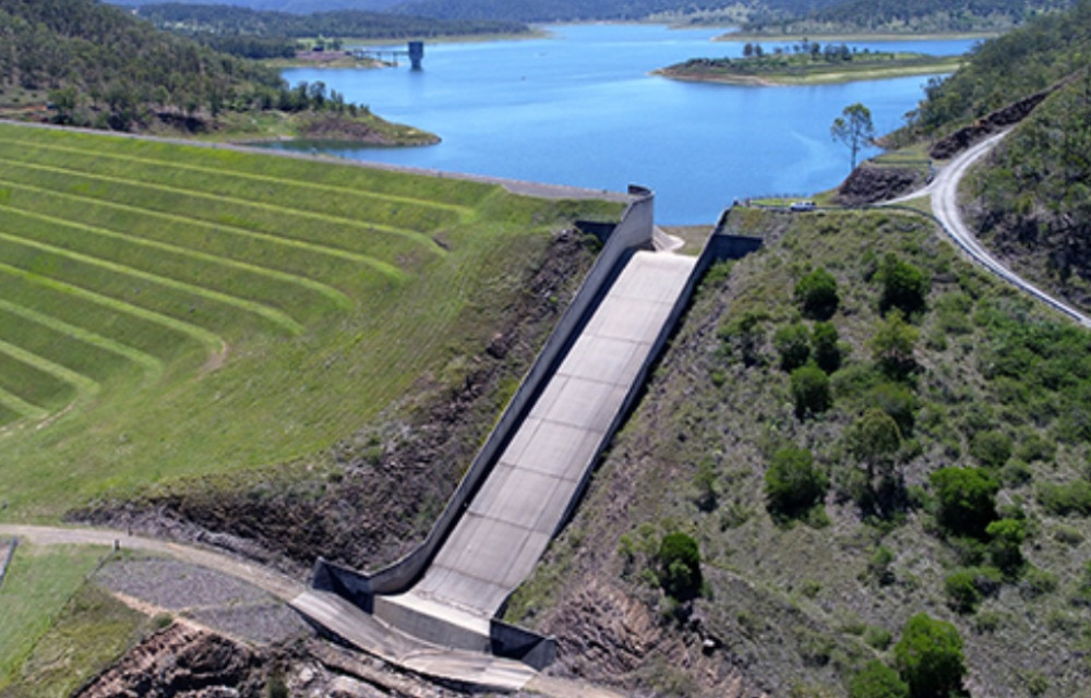 Artist impression of a dam safety upgrade project with upgraded spillway and water infrastructure works in progress