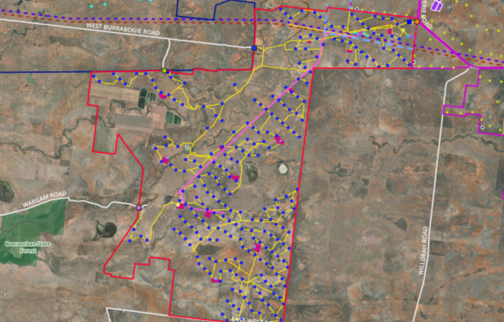 A large-scale wind farm project is under development in regional NSW with turbines, battery storage, and civil works.