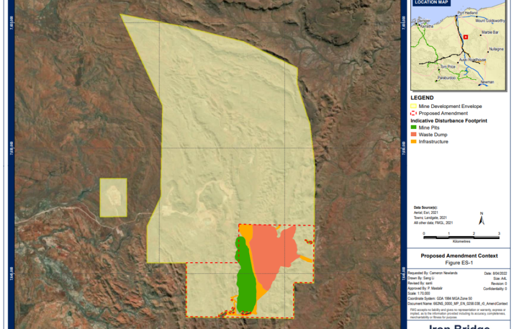 Aerial view of iron ore mining operations in the Pilbara, showing excavated pits and surrounding infrastructure