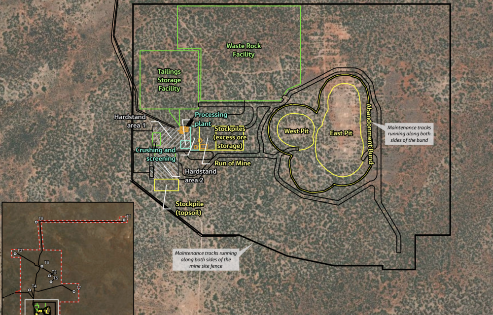 Aerial view of proposed Wilcherry Weednanna Gold and Iron Project site near Kimba on South Australia’s Eyre Peninsula, showing open pit layout, processing plant and haul road corridors.