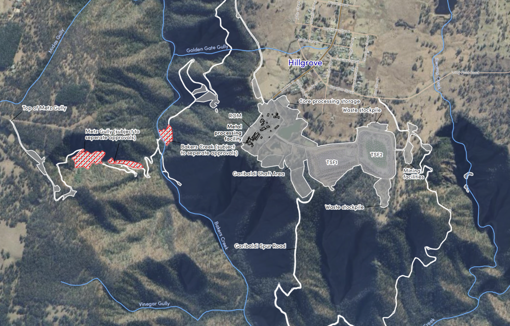 Aerial view of Hillgrove Mine in New England region with underground access works, processing plant upgrades, and tailings storage expansion.