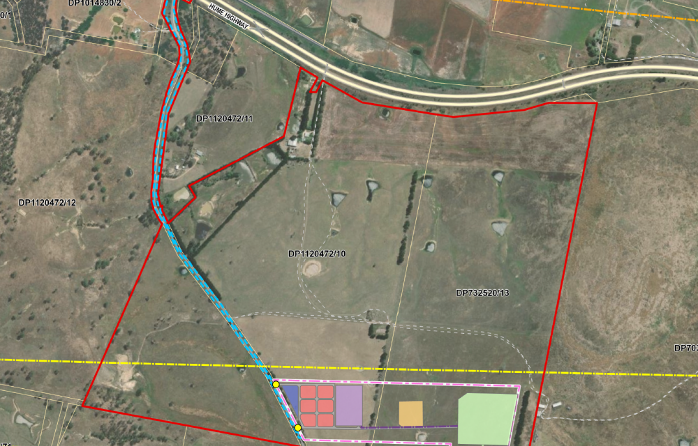 Aerial view of the proposed Willavale Park Battery Energy Storage System site near Goulburn, showing cleared land, access roads, and grid connection points.