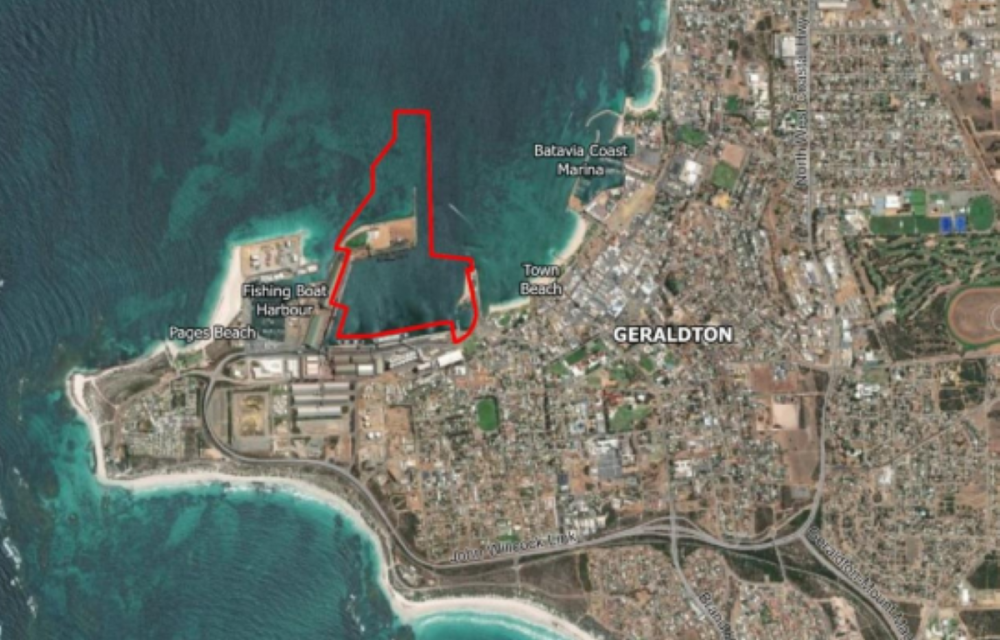 Aerial view of Geraldton Port showing areas for infrastructure upgrades as part of the $350 million PMaxP in Western Australia's Mid West region
