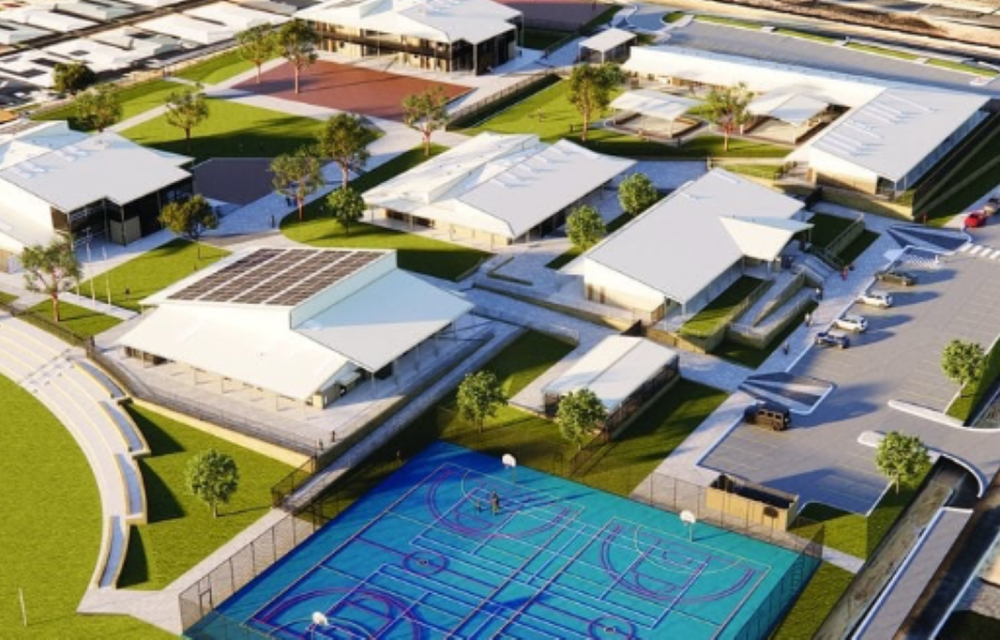 Construction underway at a new $45 million primary school development in Perth’s northern region, including teaching blocks, administration, and recreational facilities