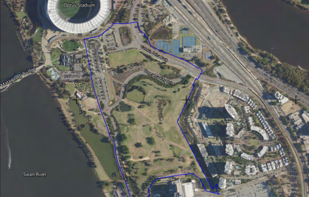 Site of the future Perth Entertainment and Sporting Precinct showing amphitheatre, event spaces, and landscaped public areas.