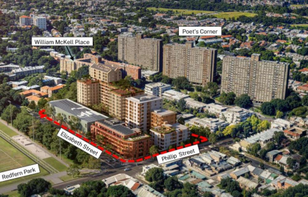 Artist’s impression of the proposed mixed-use residential development featuring four modern buildings with community and green spaces in Sydney