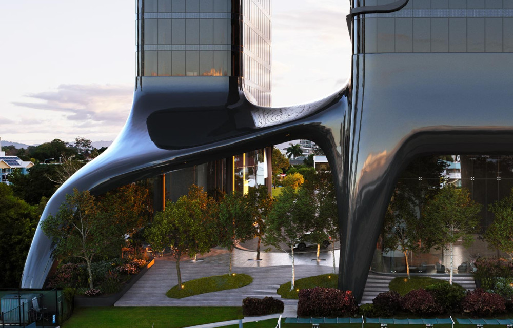 Architectural rendering of the twin towers at One Park Lane, Southport, showing the 101-storey and 60-storey spires linked by a sky bridge.