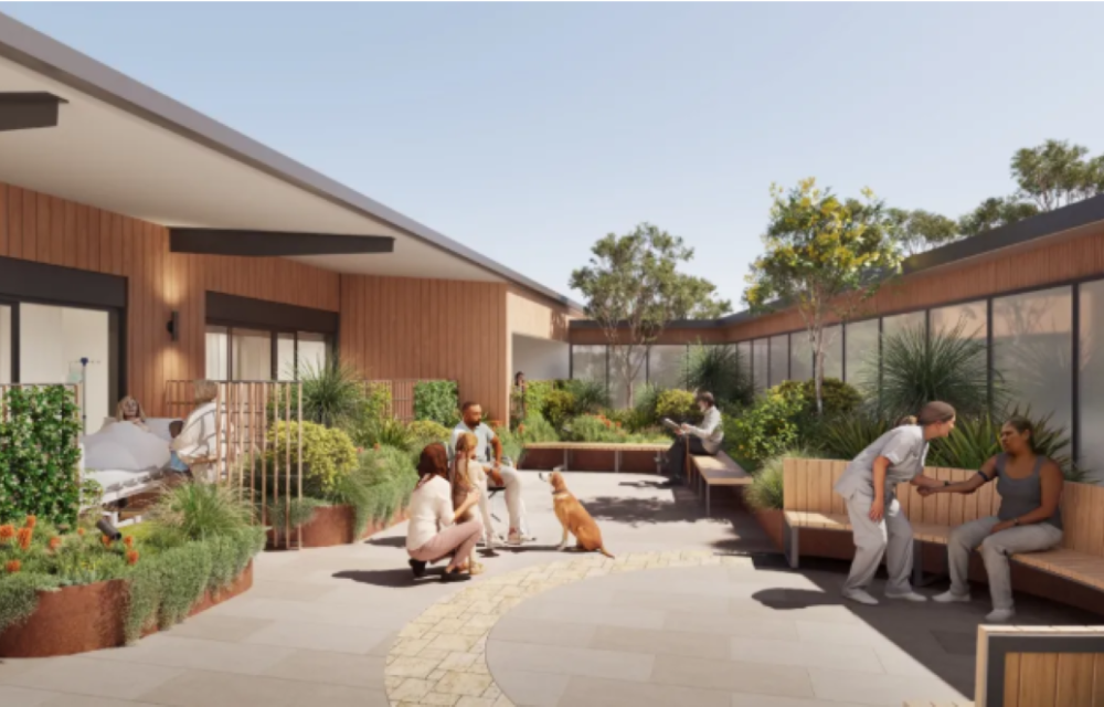 Artist impression of the new palliative care unit expansion in the New England region, featuring modern patient rooms and outdoor courtyards.