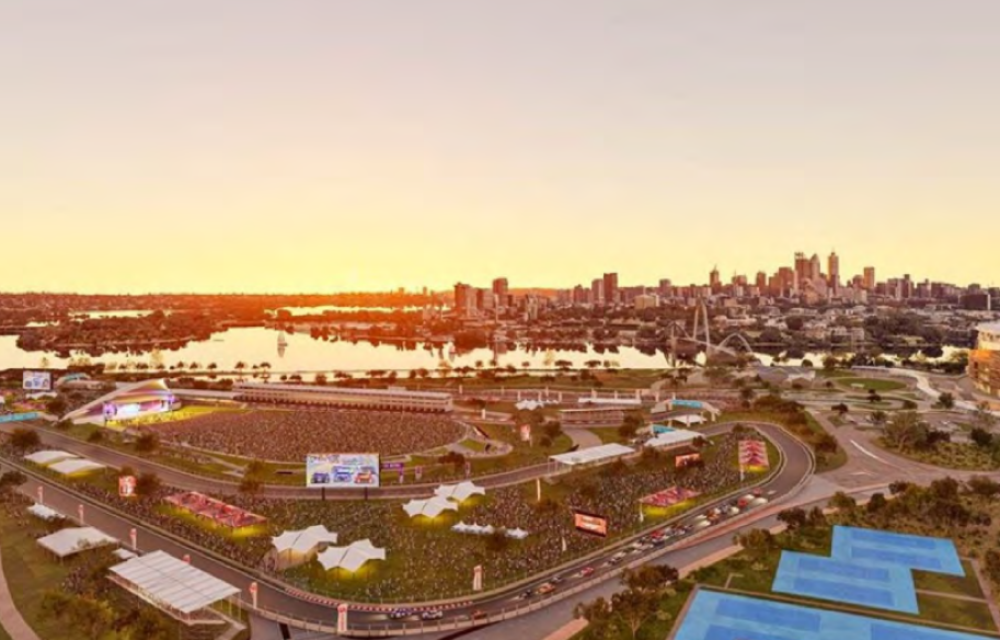 Planned $217m Perth Entertainment and Sporting Precinct at Burswood Park with an outdoor amphitheatre, multi-use track and event facilities.