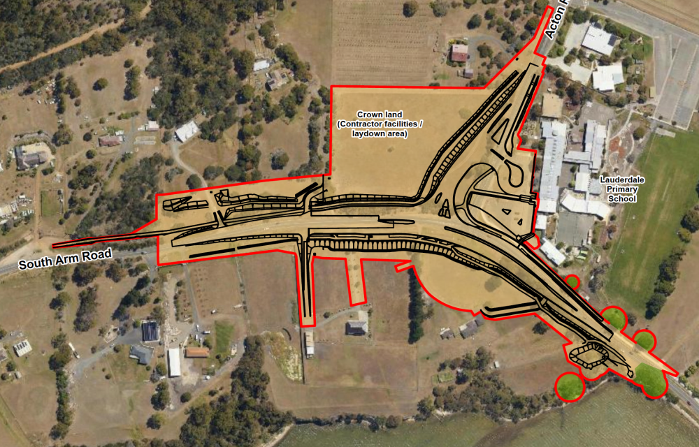 Upgraded intersection layout showing new traffic lanes, pedestrian crossings, cycle lanes and stormwater infrastructure planned for the Acton Road and South Arm Road upgrade in Lauderdale Tasmania.
