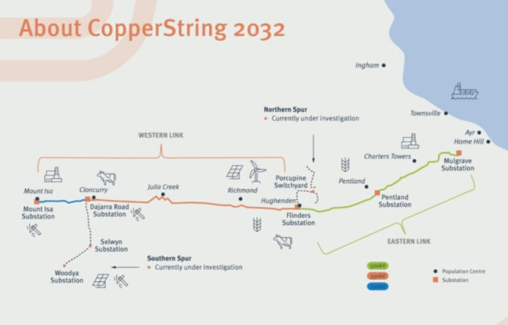 Mapped view of a large-scale electricity transmission line and substation infrastructure set in a regional Australian landscape
