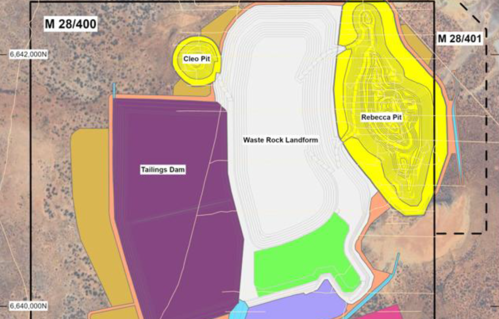 Aerial view of the Rebecca-Roe Gold Project site in the Eastern Goldfields of Western Australia showing planned mining and processing infrastructure