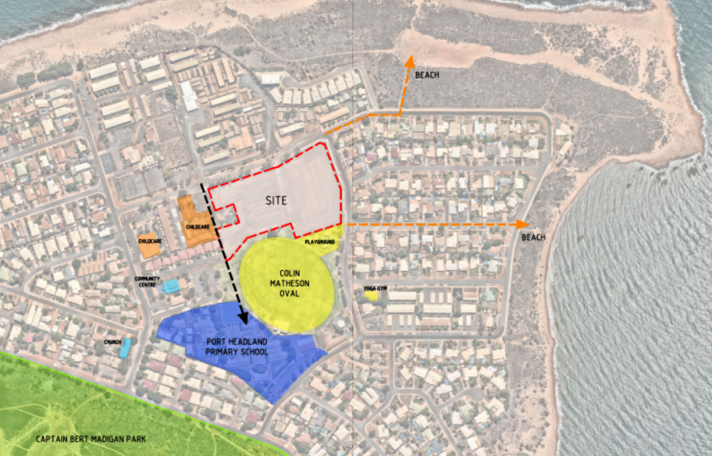 Approved grouped housing development in WA’s Pilbara region featuring single-storey homes with landscaping, parking and public art.