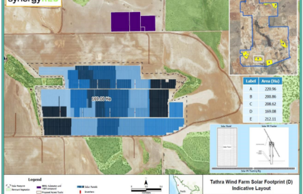 Proposed renewable energy development featuring wind turbines, solar panels and battery storage in the Mid West region of Western Australia.