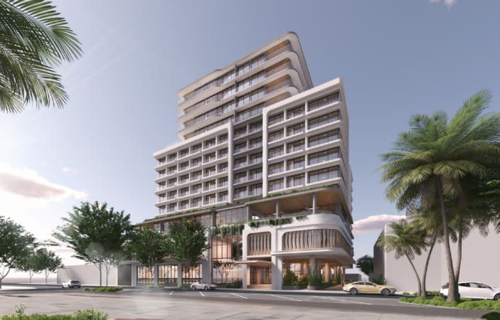 Artist impression of a multi-storey hotel and apartment development overlooking the riverfront on the Sunshine Coast