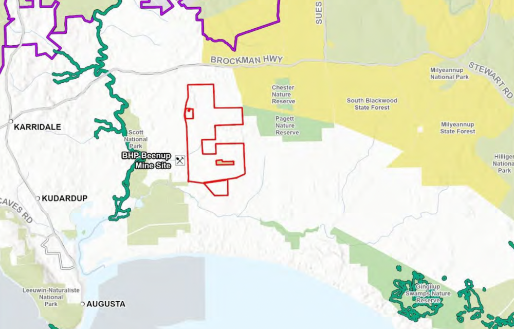 Proposed onshore wind farm development near Scott River in Western Australia showing turbine layout, access roads and infrastructure footprint