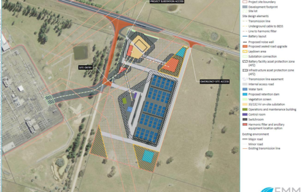 Approved battery energy storage facility in regional NSW featuring containerised lithium-ion batteries, substation infrastructure and associated works