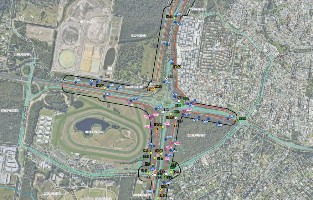 Concept layout showing the proposed grade-separated interchange and construction footprint at the Caloundra Road, Kawana Way Link Road and Bells Creek Arterial Road intersection on the Sunshine Coast.