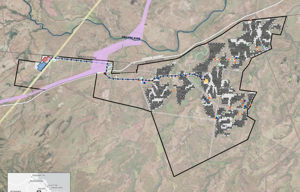 Indicative site layout of the Central Queensland solar farm and battery energy storage project showing solar arrays, access tracks, substation and 275 kV transmission line.