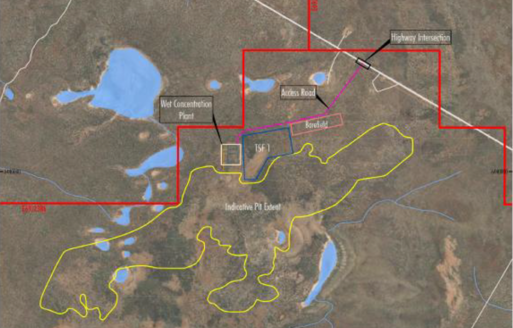 Indicative site layout showing pit extent, wet concentrator plant, tailings storage facility, access roads and processing infrastructure in southern Western Australia.