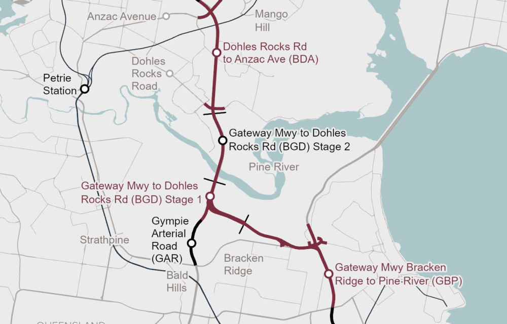 Artist impression of major road and highway upgrade works with new lanes, bridges and active transport infrastructure in a growing urban corridor