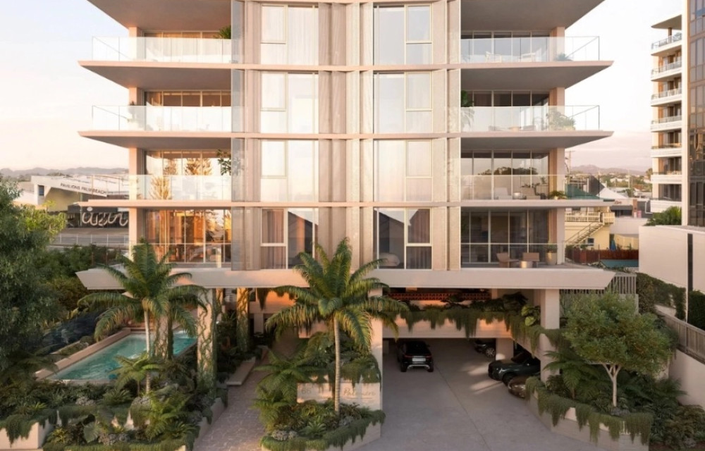 Artist impression of a modern coastal residential tower with balconies and soft curved architecture on the Gold Coast.