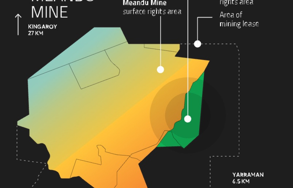 Artist impression of an open-cut coal mining operation with heavy equipment and processing infrastructure in regional Queensland