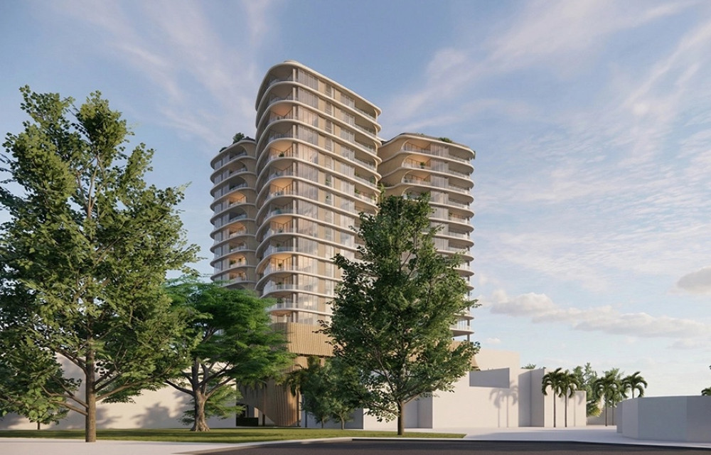 Artist impression of a proposed 18-storey mixed-use apartment tower with curved façade in Bundall, Queensland.