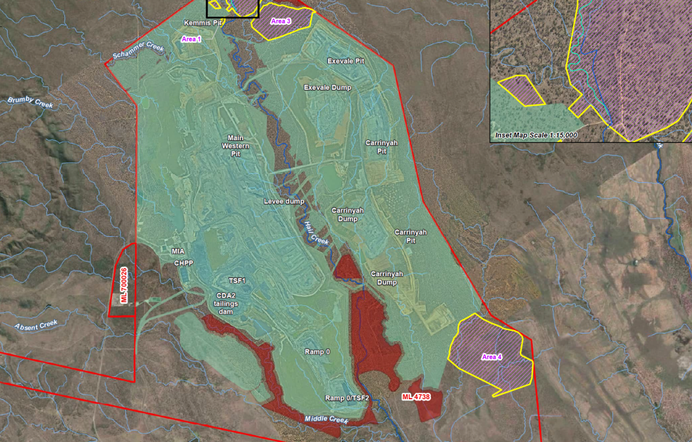 Aerial site plan of the Hail Creek Open Cut mine showing existing operations and proposed Eastern Margin Extension areas in the Bowen Basin, Central Queensland.