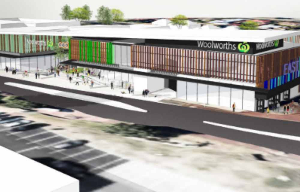 Architectural rendering of the approved Woolworths East Victoria Park commercial centre featuring two-storey retail and childcare facilities.