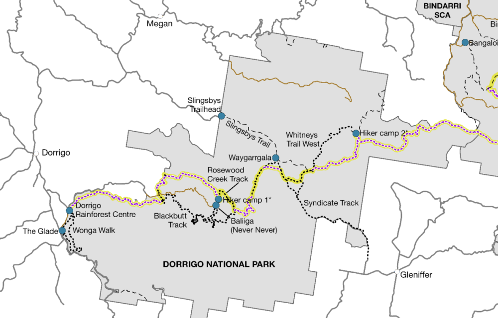 Aerial map of the proposed 46 km Dorrigo Escarpment Great Walk showing the route through Dorrigo and Bindarri national parks on the NSW Mid North Coast, highlighting planned campsites, bridges, and access roads.