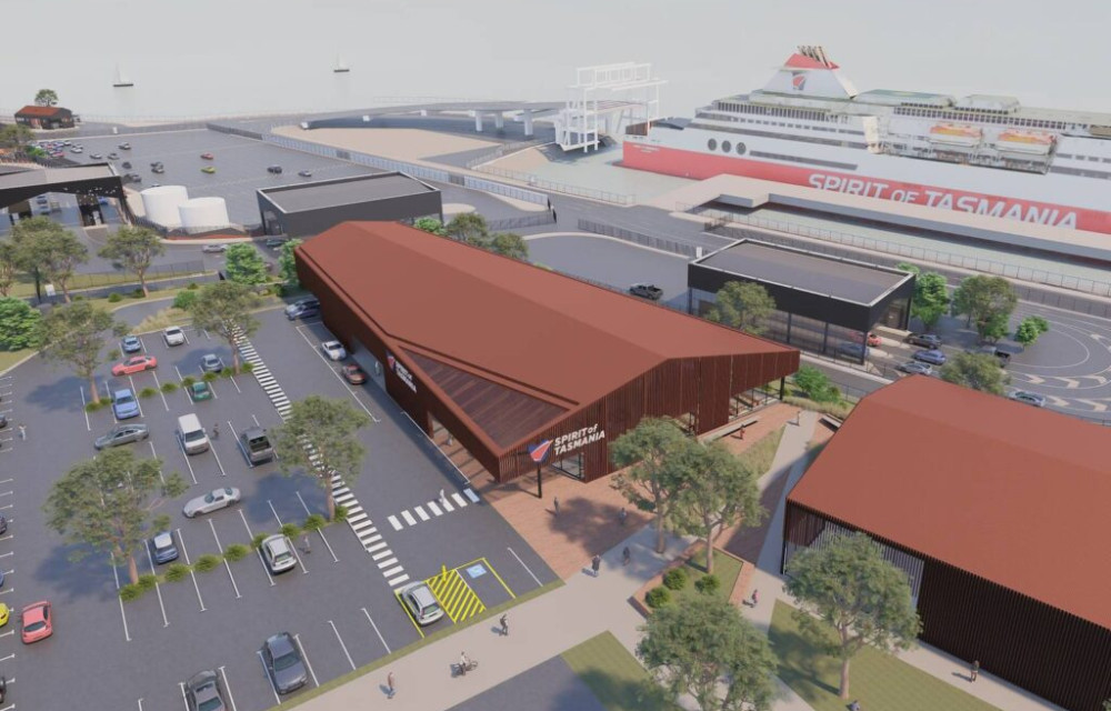 New Spirit of Tasmania passenger terminal at Devonport using locally sourced timber and supporting 100–120 construction workers.