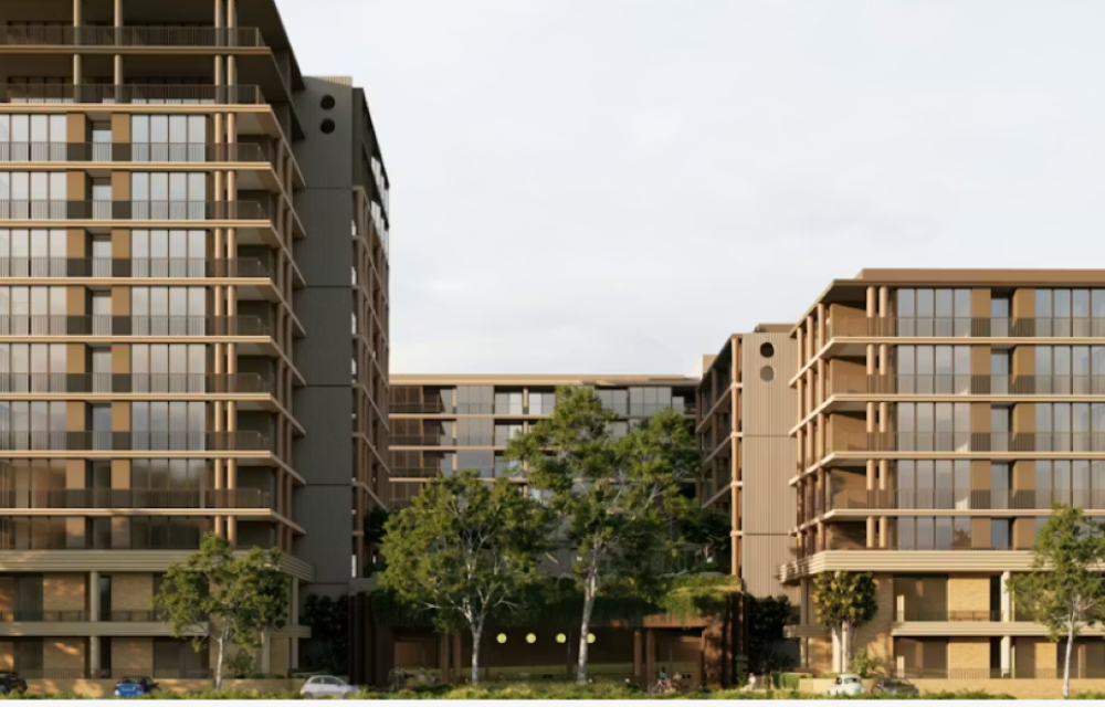 Artist impression of a multi-building residential development with ground floor commercial space and shared amenities in the Perth region.